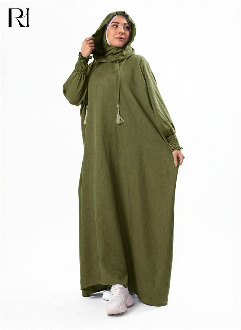 Zaynab Hooded Linen Blend Abaya – Olive green