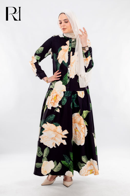 Floral Elegance by Rue Haya – Modest Black Maxi Dress with Blooming Print