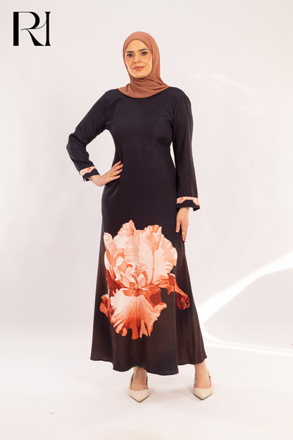 Hadeer dress Elegant black Floral Maxi Dress with Petal Accents - Ruehaya