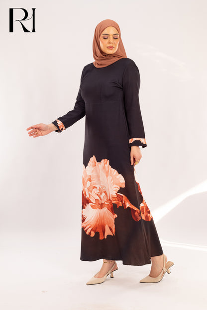 Hadeer dress Elegant black Floral Maxi Dress with Petal Accents - Ruehaya