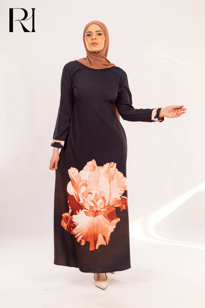 Hadeer dress Elegant black Floral Maxi Dress with Petal Accents - Ruehaya