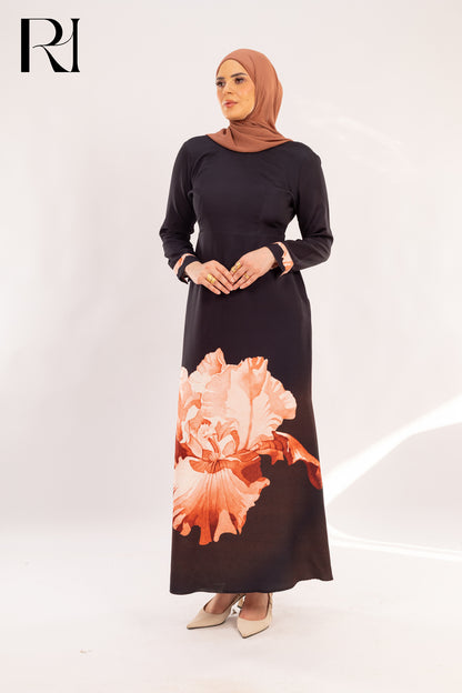 Hadeer dress Elegant black Floral Maxi Dress with Petal Accents - Ruehaya