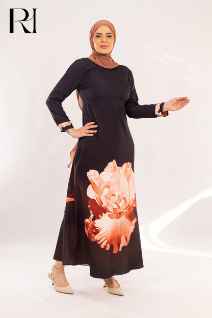 Hadeer dress Elegant black Floral Maxi Dress with Petal Accents - Ruehaya