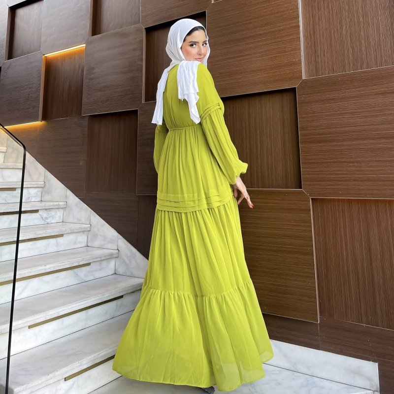 Hader Classic Long Sleeve Yellow Chiffon Dress - Ruehaya