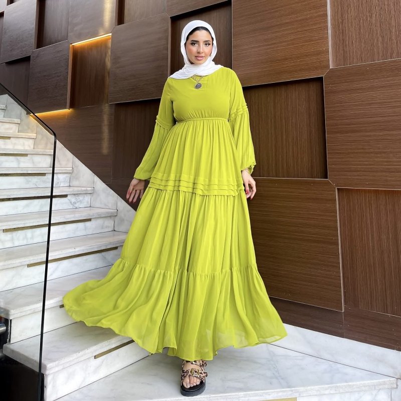 Hader Classic Long Sleeve Yellow Chiffon Dress - Ruehaya