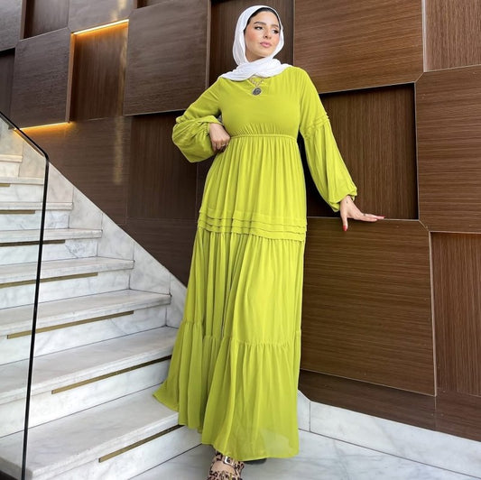 Hader Classic Long Sleeve Yellow Chiffon Dress - Ruehaya