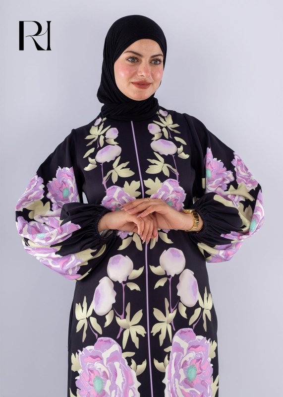 Hala Floral Crepe Modesty Dress Voluminous Sleeves - Ruehaya