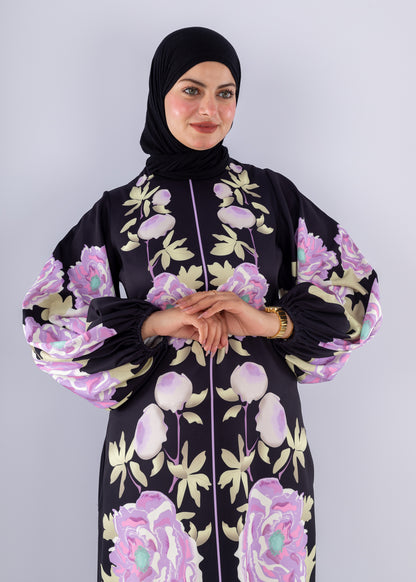 Hala Floral Crepe Modesty Dress Voluminous Sleeves - Ruehaya