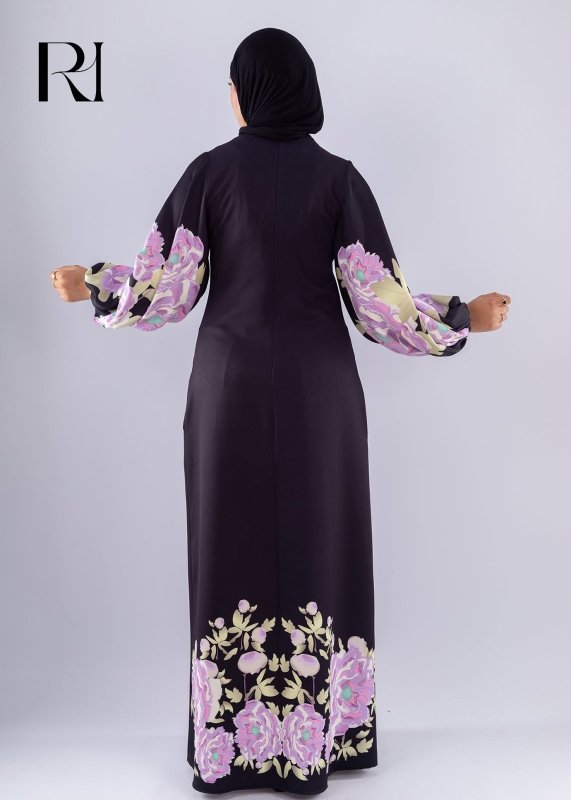 Hala Floral Crepe Modesty Dress Voluminous Sleeves - Ruehaya