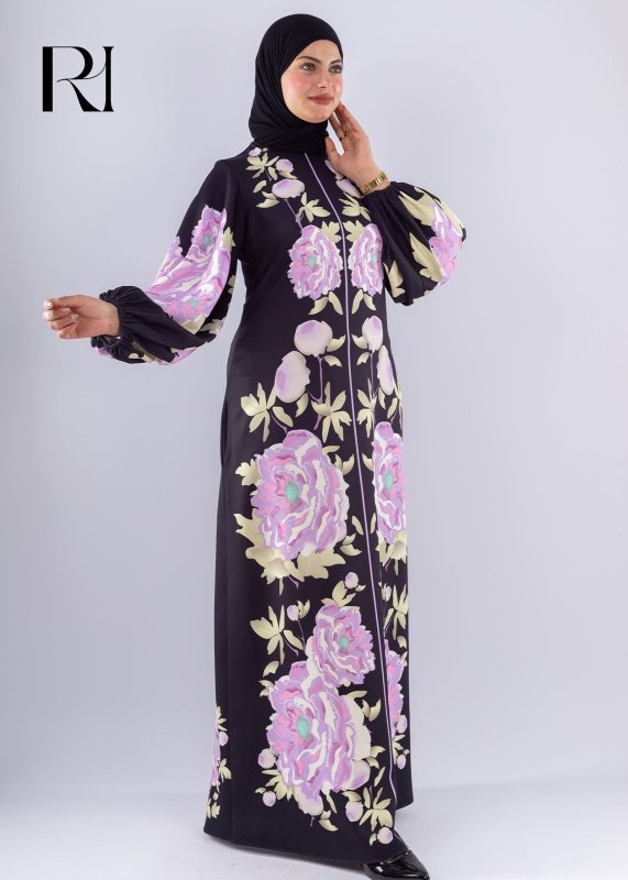 Hala Floral Crepe Modesty Dress Voluminous Sleeves - Ruehaya