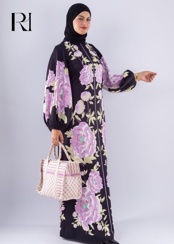 Hala Floral Crepe Modesty Dress Voluminous Sleeves - Ruehaya