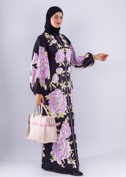 Hala Floral Crepe Modesty Dress Voluminous Sleeves - Ruehaya