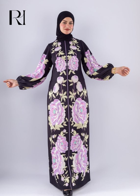 Hala Floral Crepe Modesty Dress Voluminous Sleeves - Ruehaya