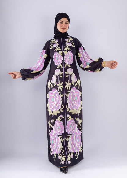 Hala Floral Crepe Modesty Dress Voluminous Sleeves - Ruehaya
