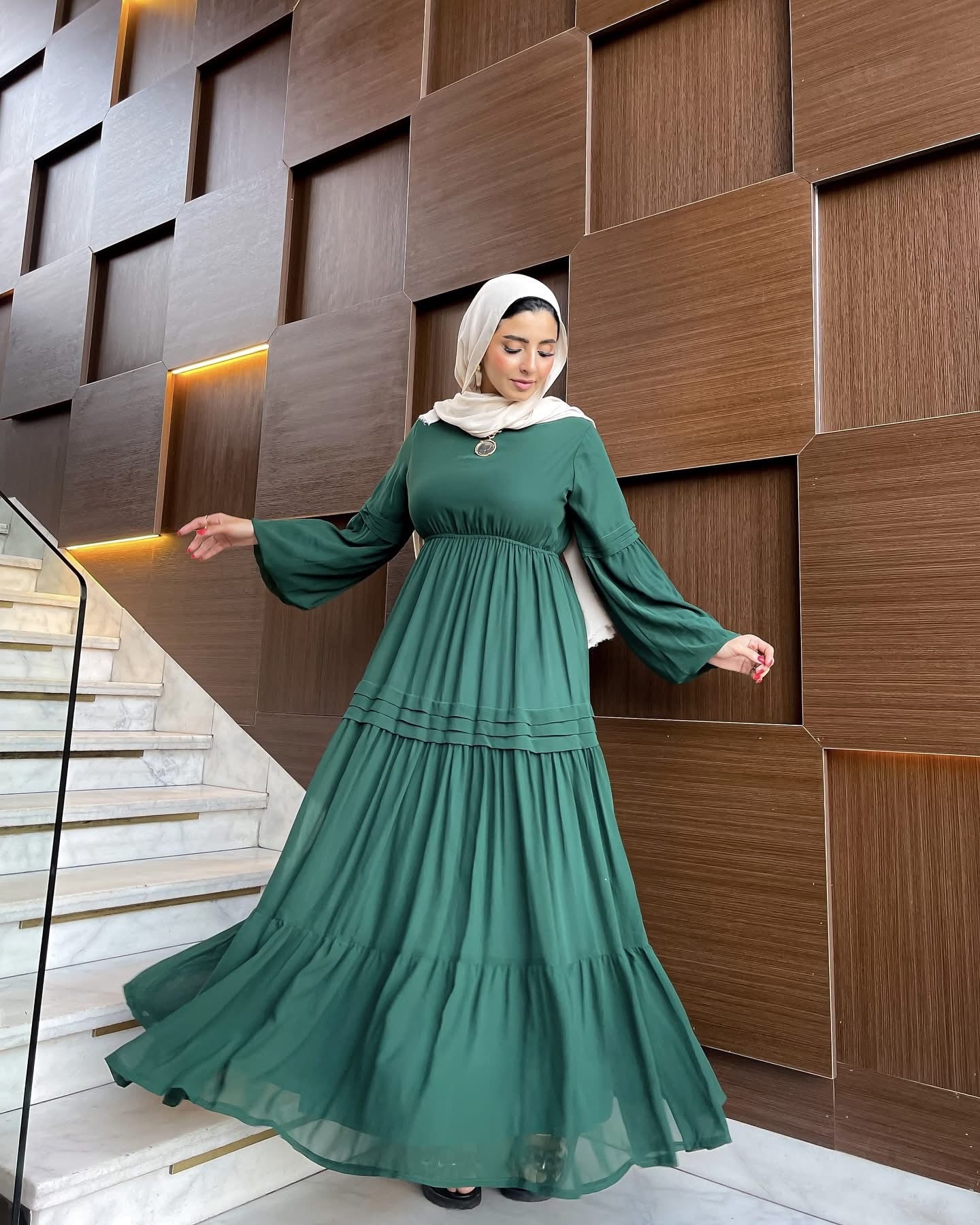 Classic Long Sleeve Chiffon Green Dress