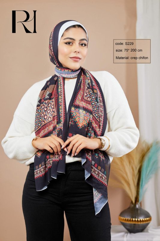 Islamic Inspired Embroidered Print Chiffon Hijab - Ruehaya
