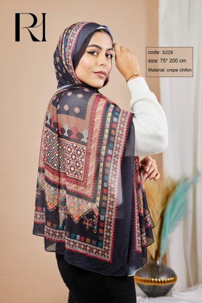Islamic Inspired Embroidered Print Chiffon Hijab - Ruehaya