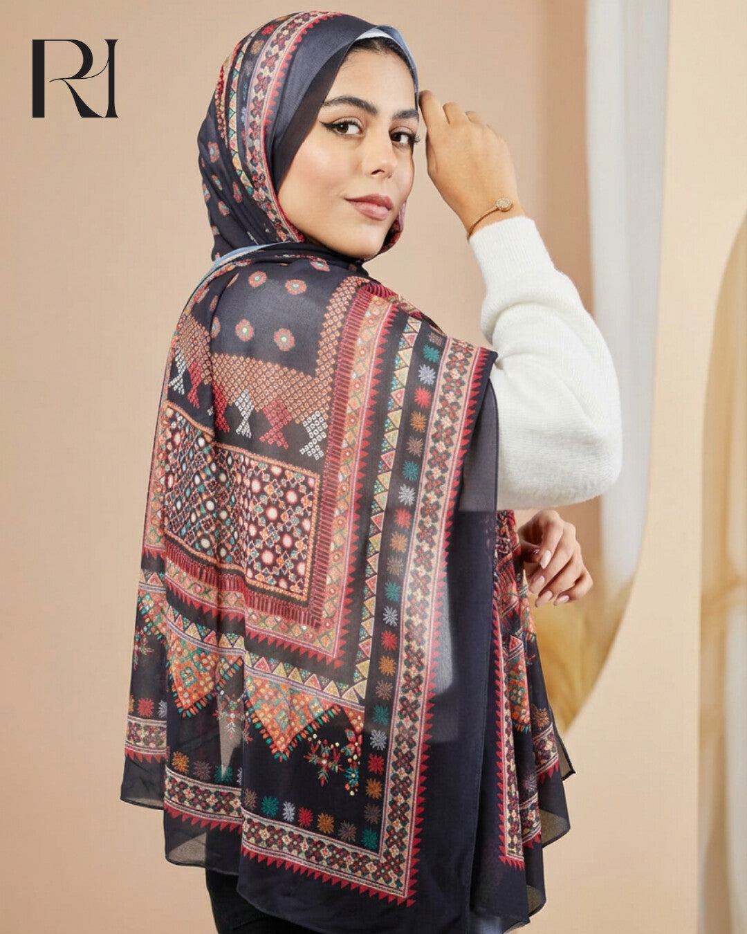 Islamic Inspired Embroidered Print Chiffon Hijab - Ruehaya