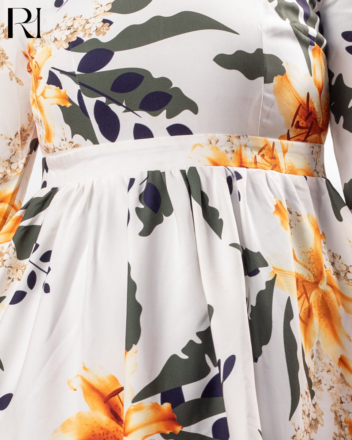 Dress with floral pattern featuring orange flowers and green leaves on a white background
