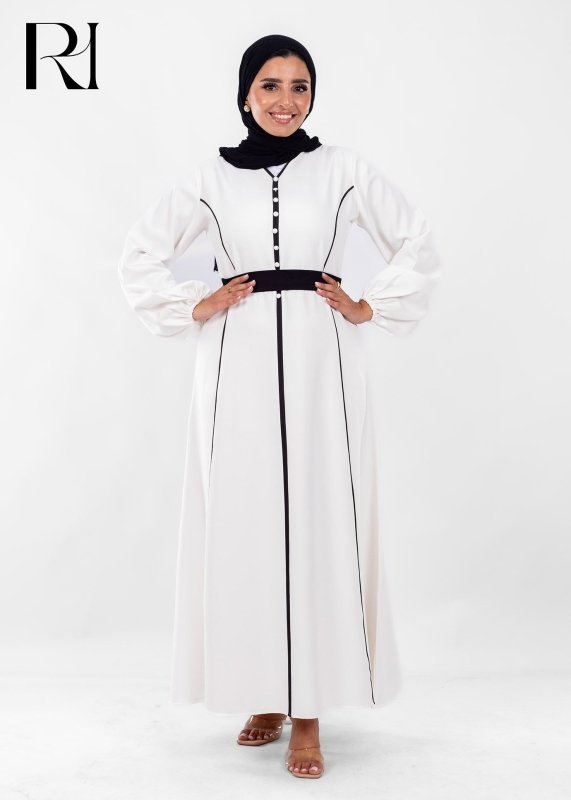 Ivory Noir Contrast Modest Maxi Dress - Ruehaya