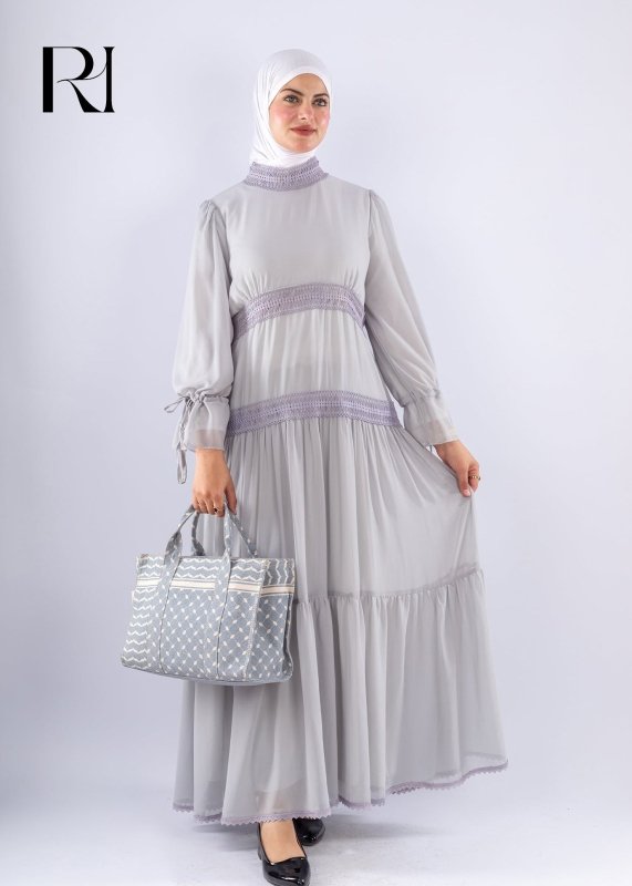 Jamila Gray Chiffon Maxi Dress with Lace Sleeves - Ruehaya