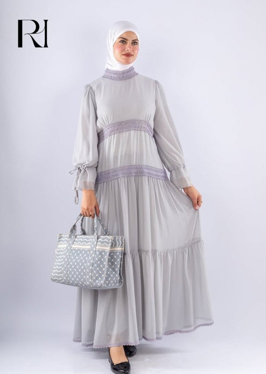 Jamila Gray Chiffon Maxi Dress with Lace Sleeves - Ruehaya
