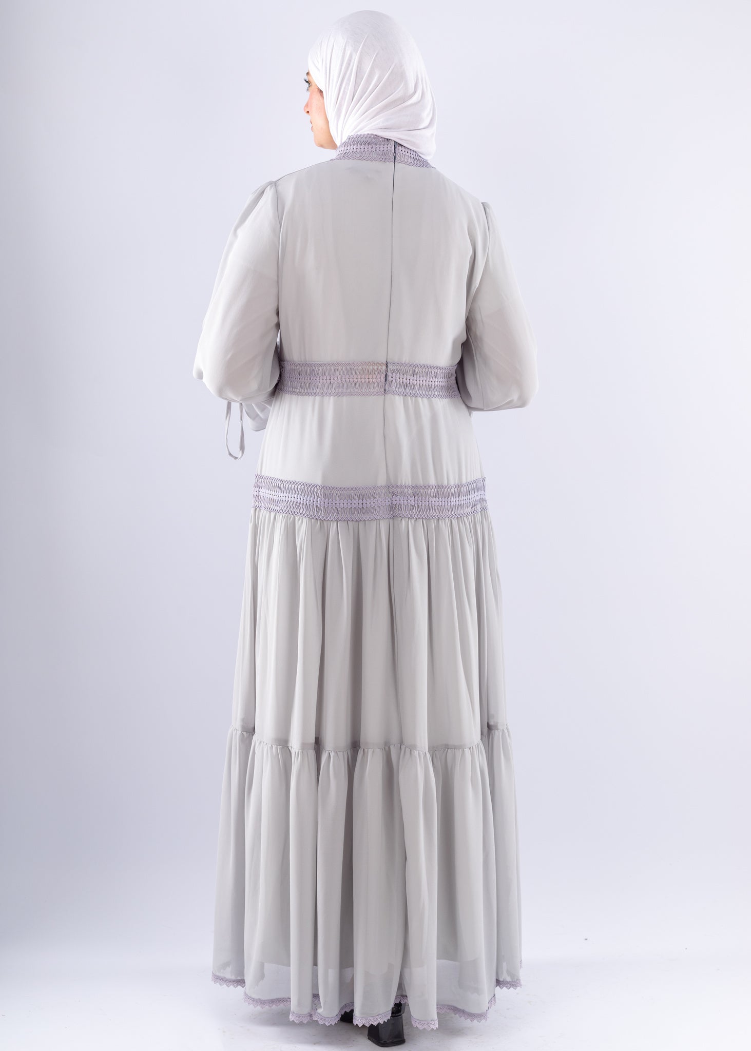 Jamila Gray Chiffon Maxi Dress with Lace Sleeves - Ruehaya