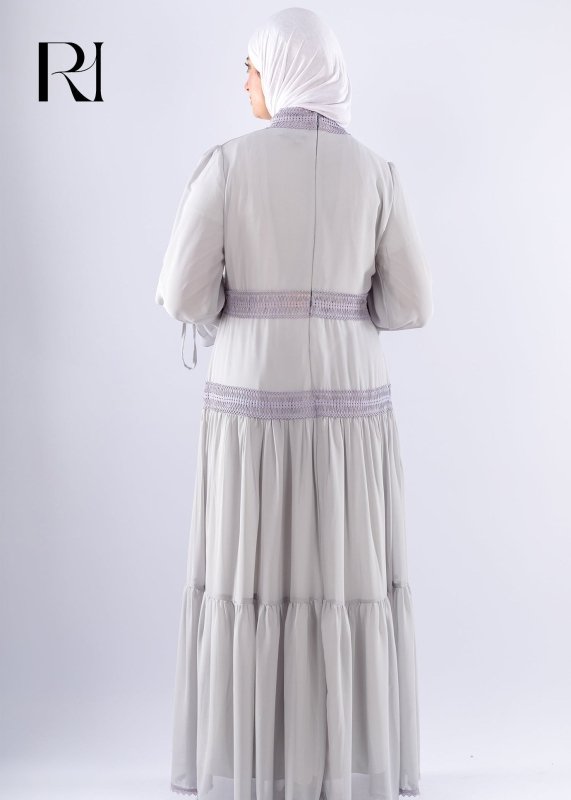 Jamila Gray Chiffon Maxi Dress with Lace Sleeves - Ruehaya
