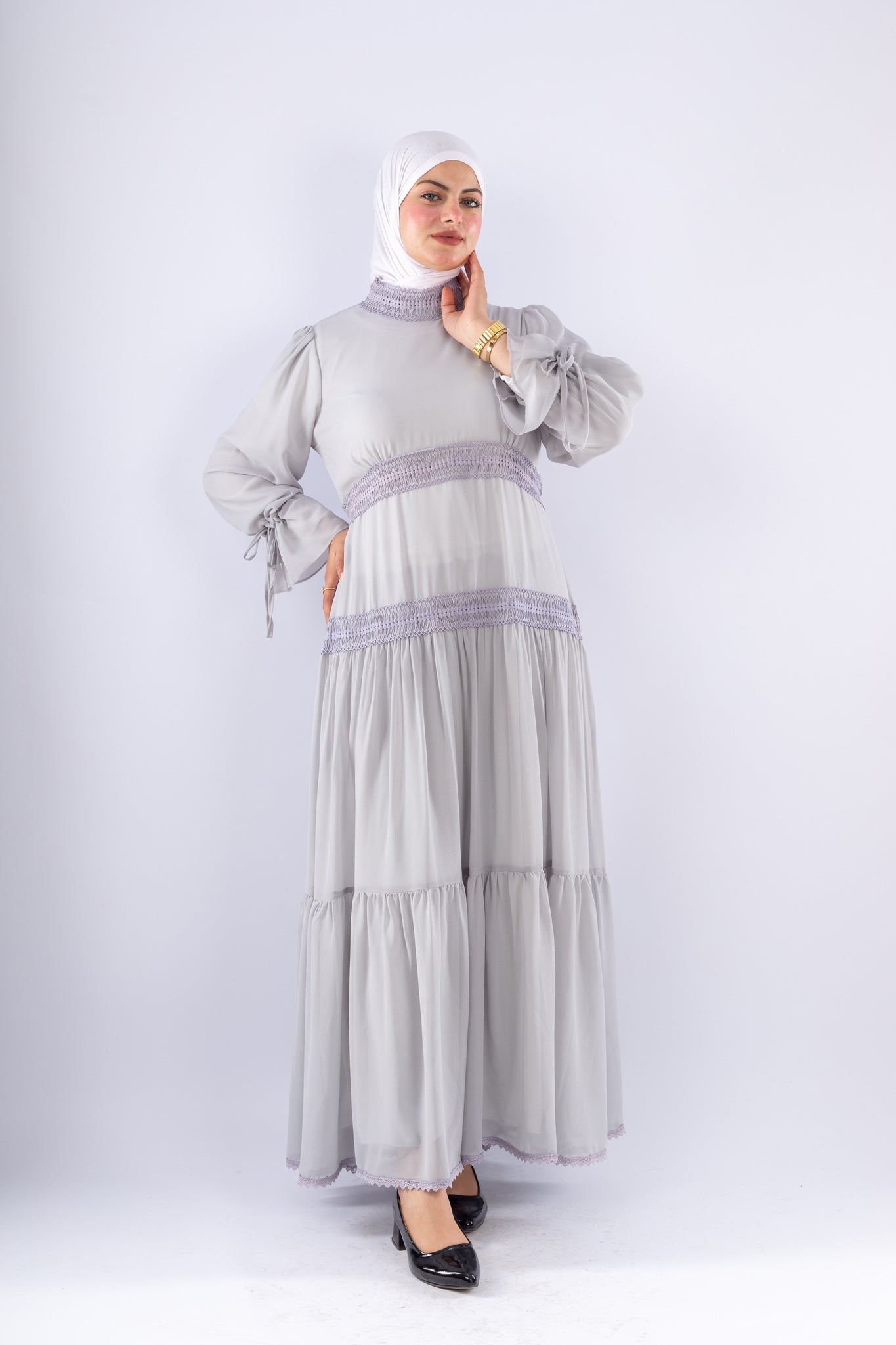 Jamila Gray Chiffon Maxi Dress with Lace Sleeves - Ruehaya