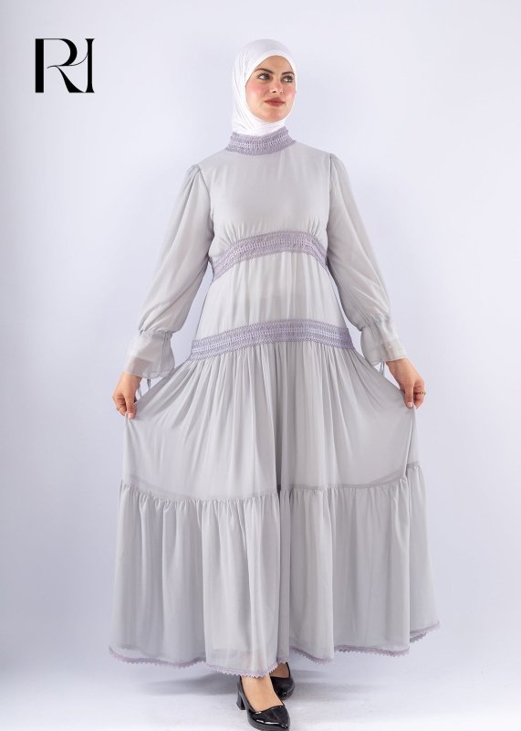 Jamila Gray Chiffon Maxi Dress with Lace Sleeves - Ruehaya