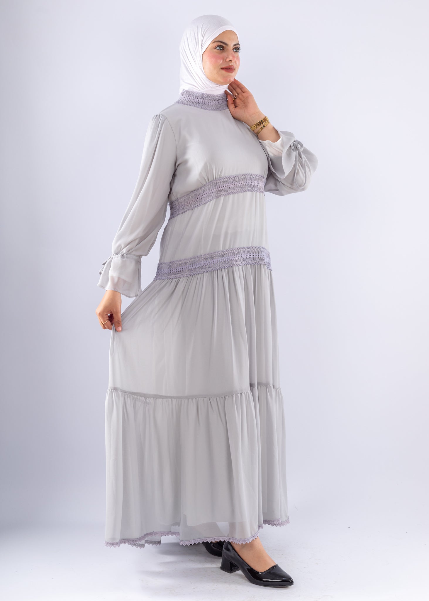 Jamila Gray Chiffon Maxi Dress with Lace Sleeves - Ruehaya