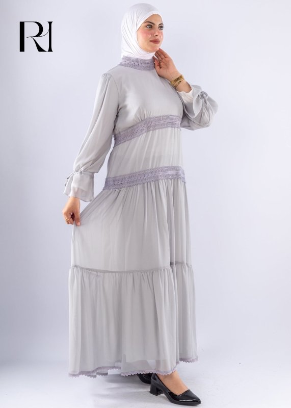 Jamila Gray Chiffon Maxi Dress with Lace Sleeves - Ruehaya