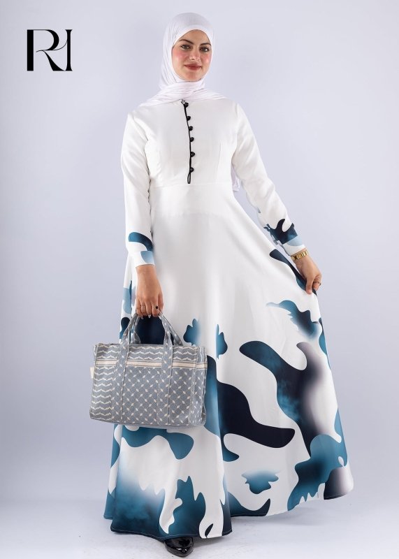 Jumana Blue Wave Abstract Crepe Maxi Dress - Ruehaya