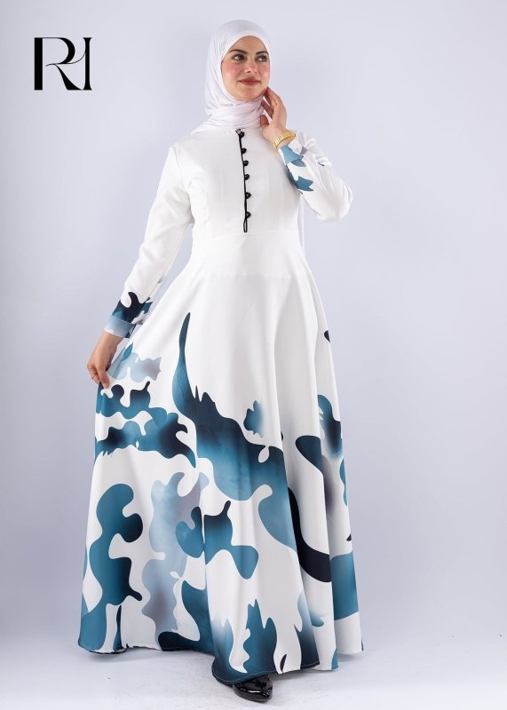 Jumana Blue Wave Abstract Crepe Maxi Dress - Ruehaya