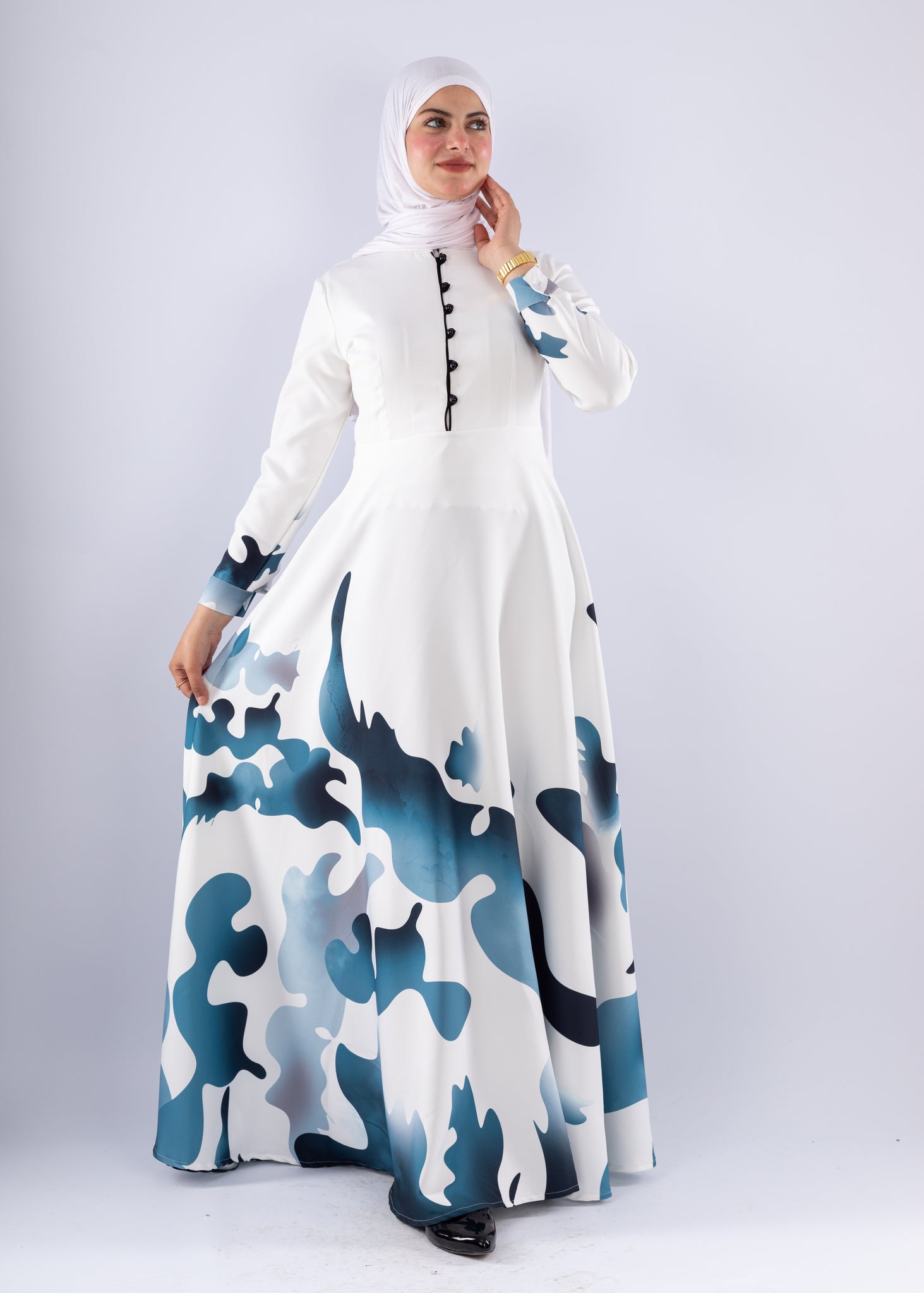 Jumana Blue Wave Abstract Crepe Maxi Dress - Ruehaya