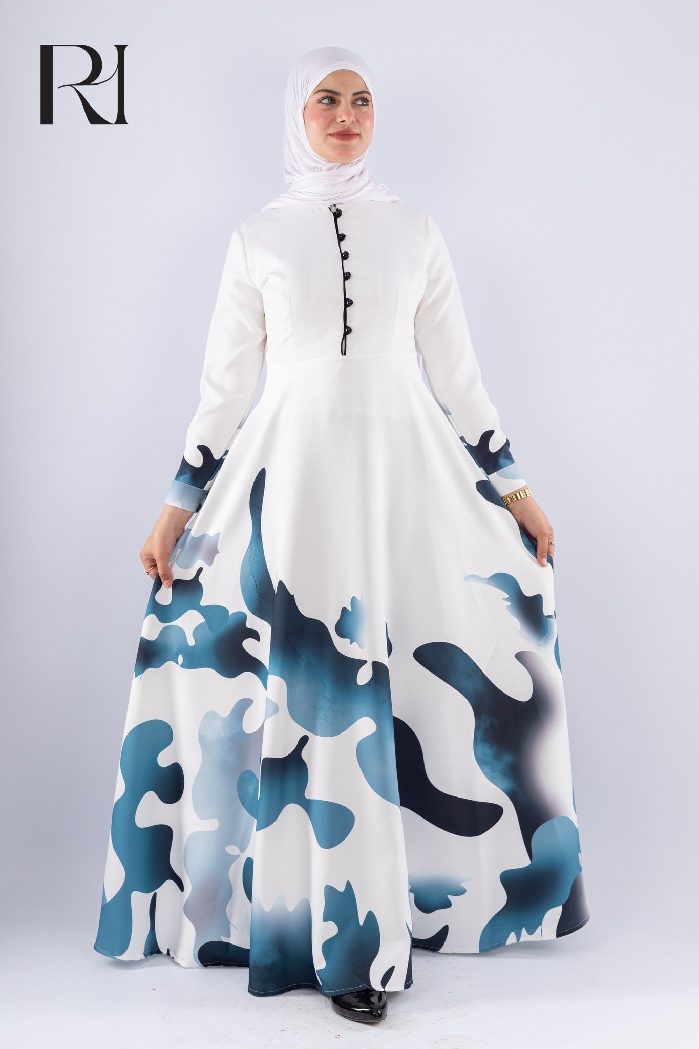 Jumana Blue Wave Abstract Crepe Maxi Dress - Ruehaya