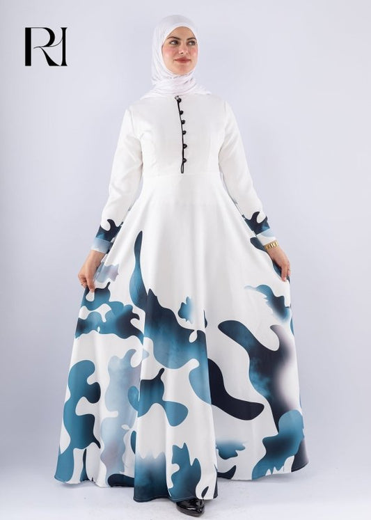 Jumana Blue Wave Abstract Crepe Maxi Dress - Ruehaya