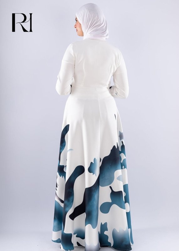 Jumana Blue Wave Abstract Crepe Maxi Dress - Ruehaya