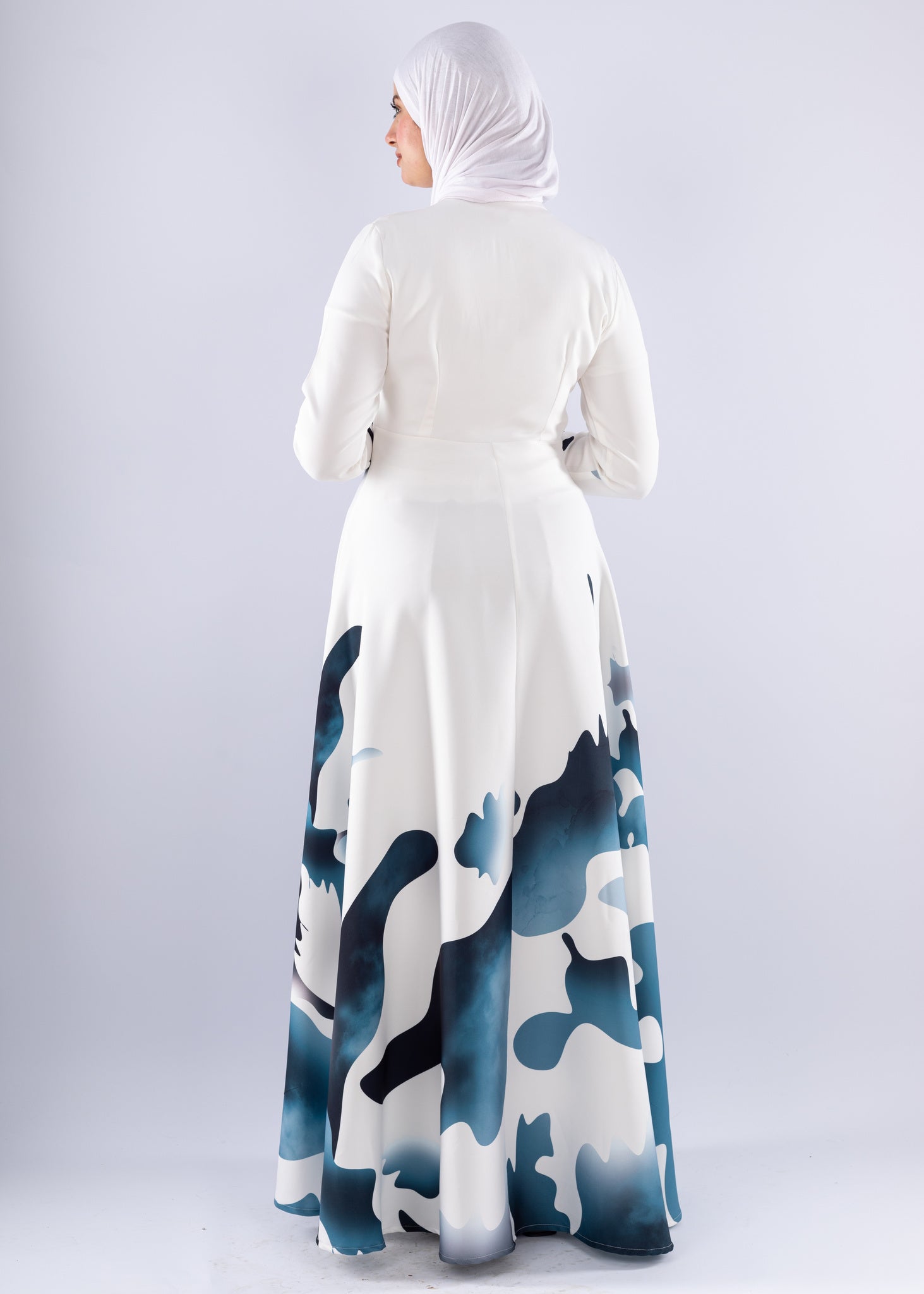 Jumana Blue Wave Abstract Crepe Maxi Dress - Ruehaya