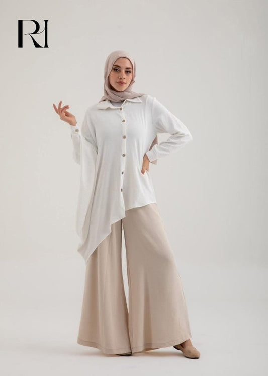 Layal Ivory Flow Asymmetrical Shirt with Wide Leg Trousers Set - Ruehaya