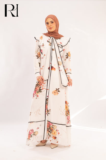 Layana Rose Print Ruffle & Piped Maxi Dress - Ruehaya