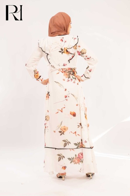 Layana Rose Print Ruffle & Piped Maxi Dress - Ruehaya