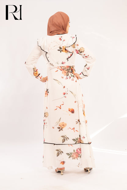 Layana Rose Print Ruffle & Piped Maxi Dress - Ruehaya