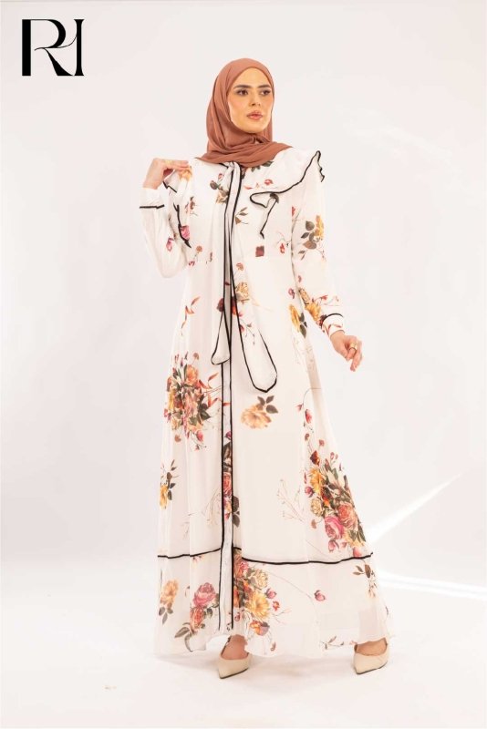 Layana Rose Print Ruffle & Piped Maxi Dress - Ruehaya