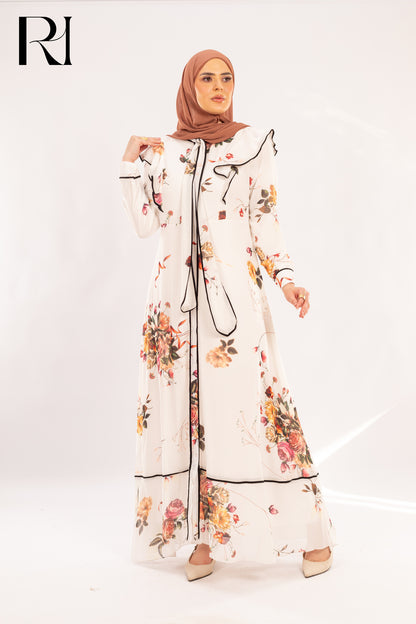 Layana Rose Print Ruffle & Piped Maxi Dress - Ruehaya
