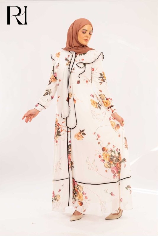 Layana Rose Print Ruffle & Piped Maxi Dress - Ruehaya