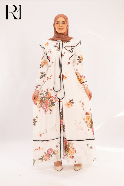 Layana Rose Print Ruffle & Piped Maxi Dress - Ruehaya