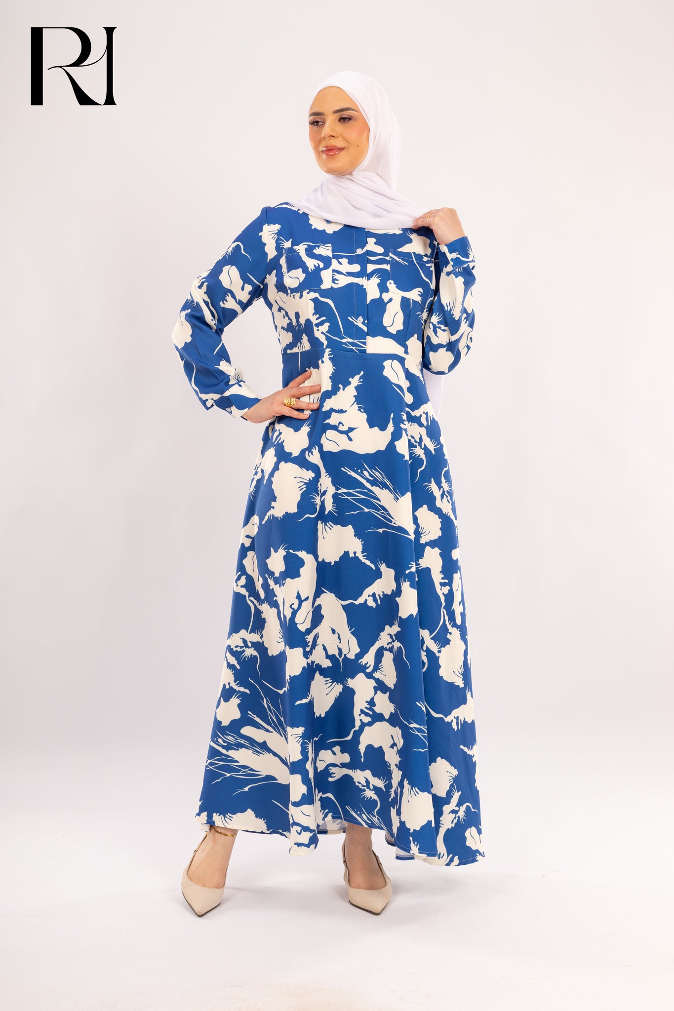 Layla Abstract Blue Modest Maxi Dress - Ruehaya