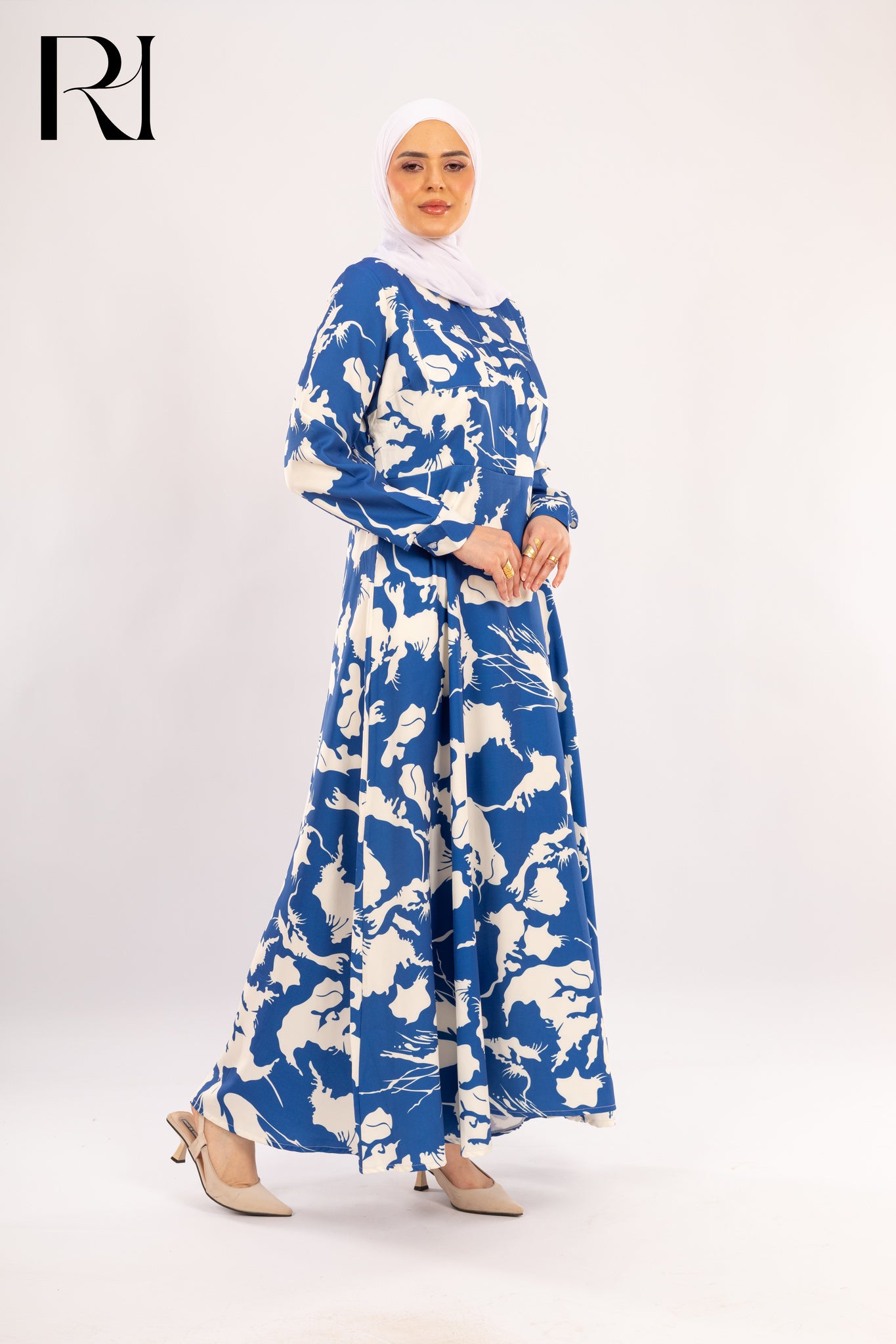 Layla Abstract Blue Modest Maxi Dress - Ruehaya