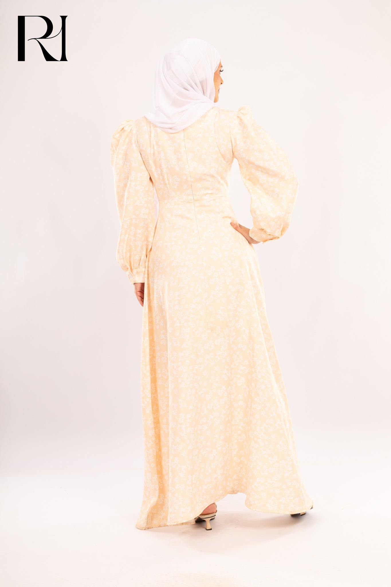 Lina Cream Floral Puff Sleeve Maxi Modest Dress - Ruehaya